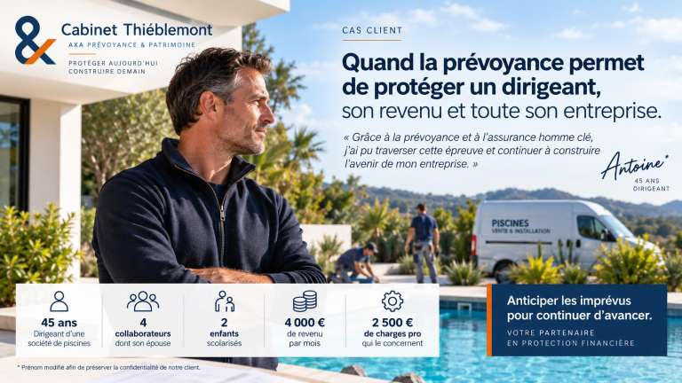 Dirigeant d’une entreprise de piscines protégé par une prévoyance et une assurance homme clé après un arrêt cardiaque