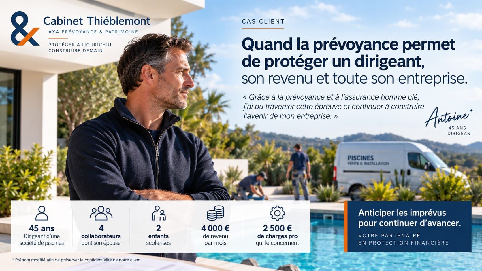 Dirigeant d’une entreprise de piscines protégé par une prévoyance et une assurance homme clé après un arrêt cardiaque